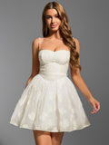 White embroidered floral sweetheart neckline spaghetti strap fit and flare dress front view