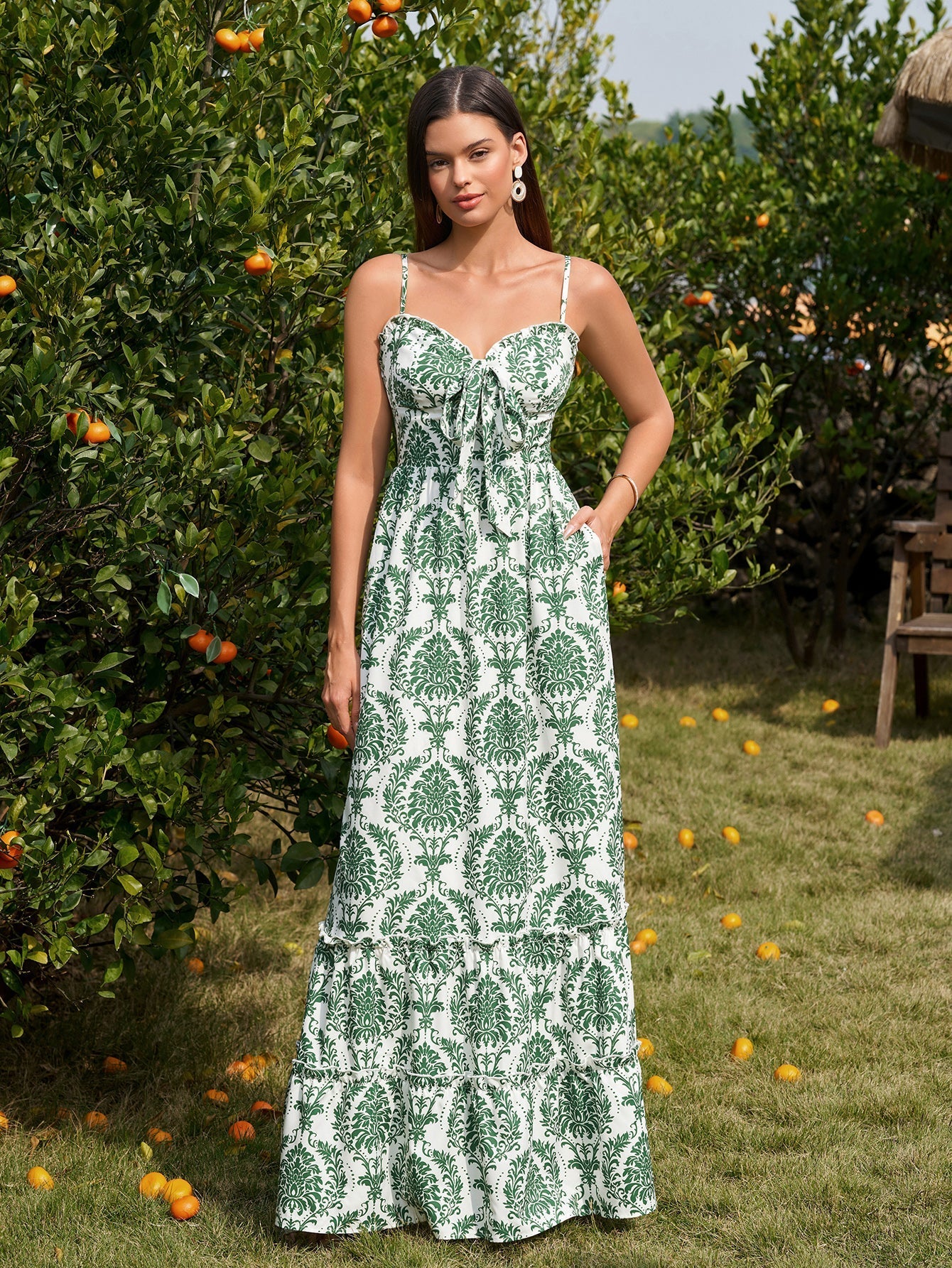 Floral print maxi dress with bow tie front and sweetheart neckline - View 11 | WEUXS