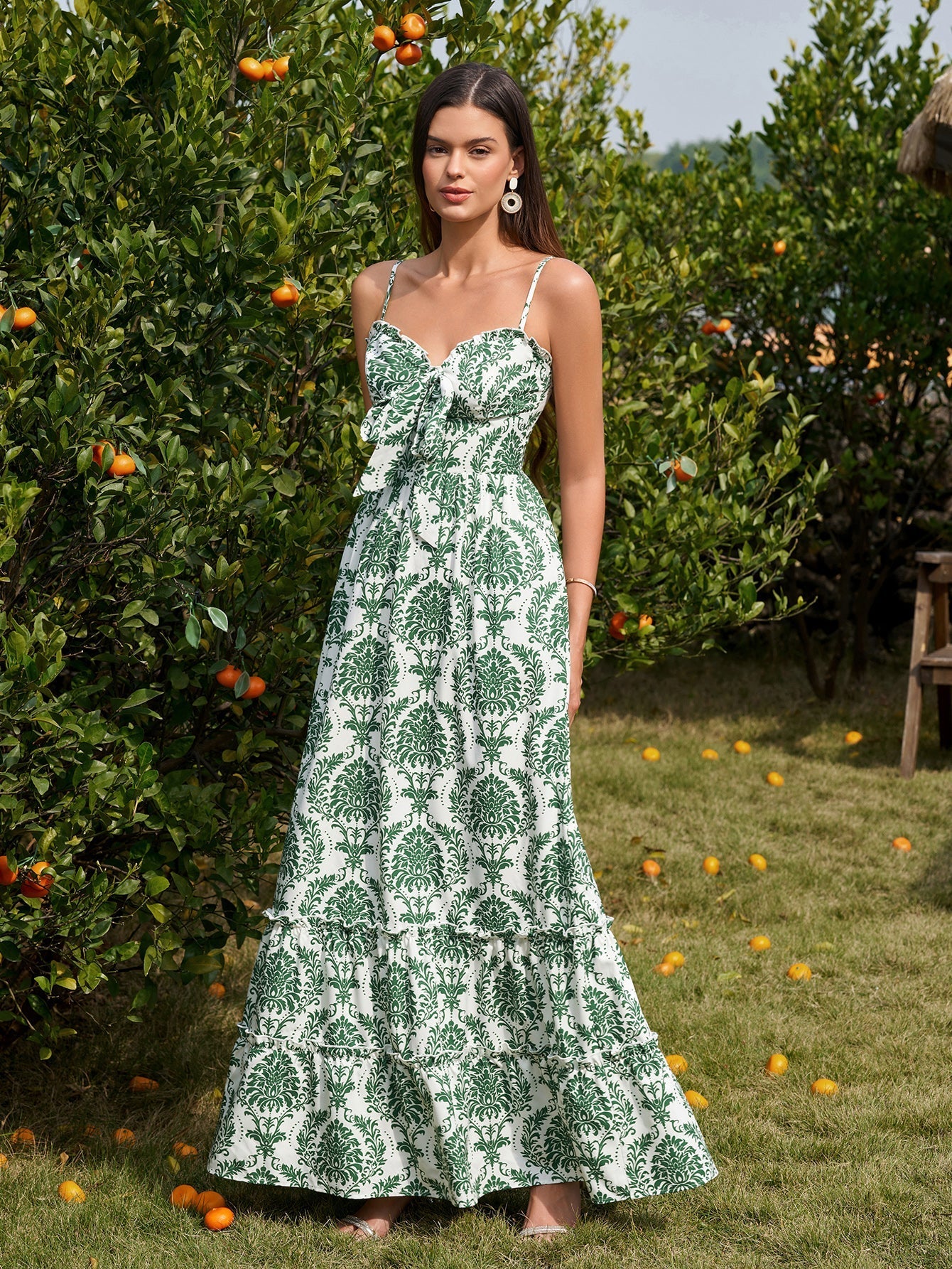 Floral print maxi dress with bow tie front and sweetheart neckline - View 9 | WEUXS
