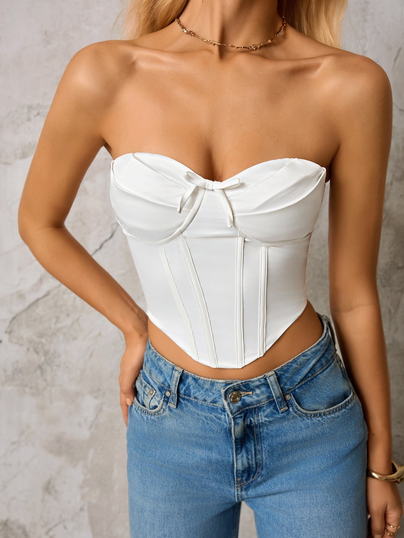 Strapless tube top with bow detail - View 6 | WEUXS