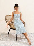 Floral print midi dress with square neckline - View 6 | WEUXS