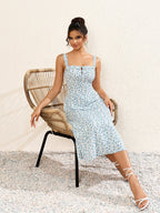 Floral print midi dress with square neckline - View 6 | WEUXS