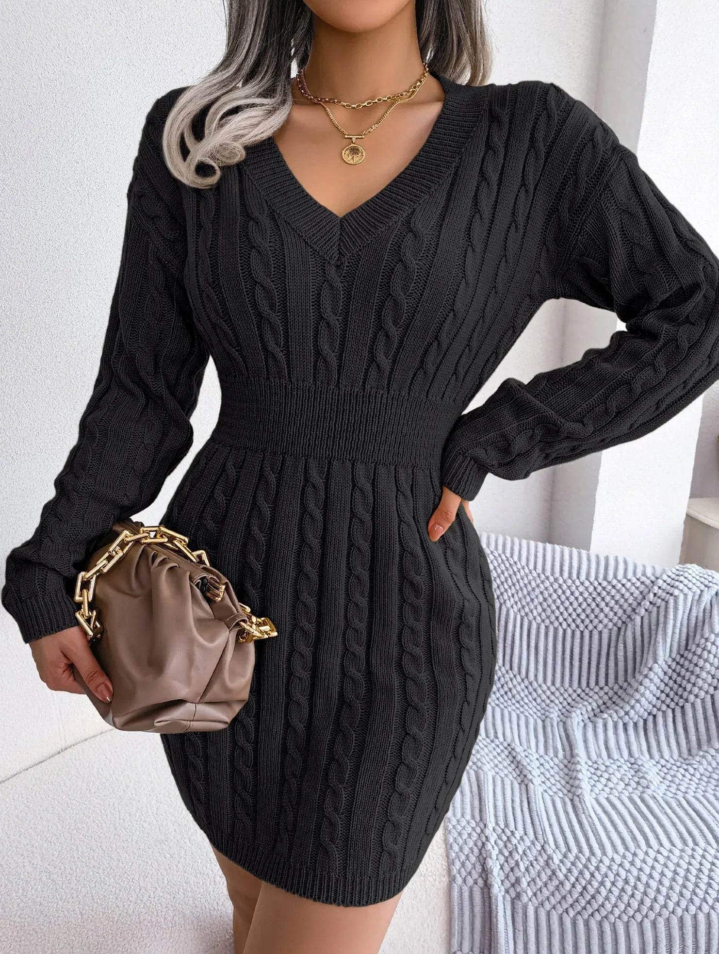 Elegant Sky Blue Cable Knit Sweater Dress - WEUXS