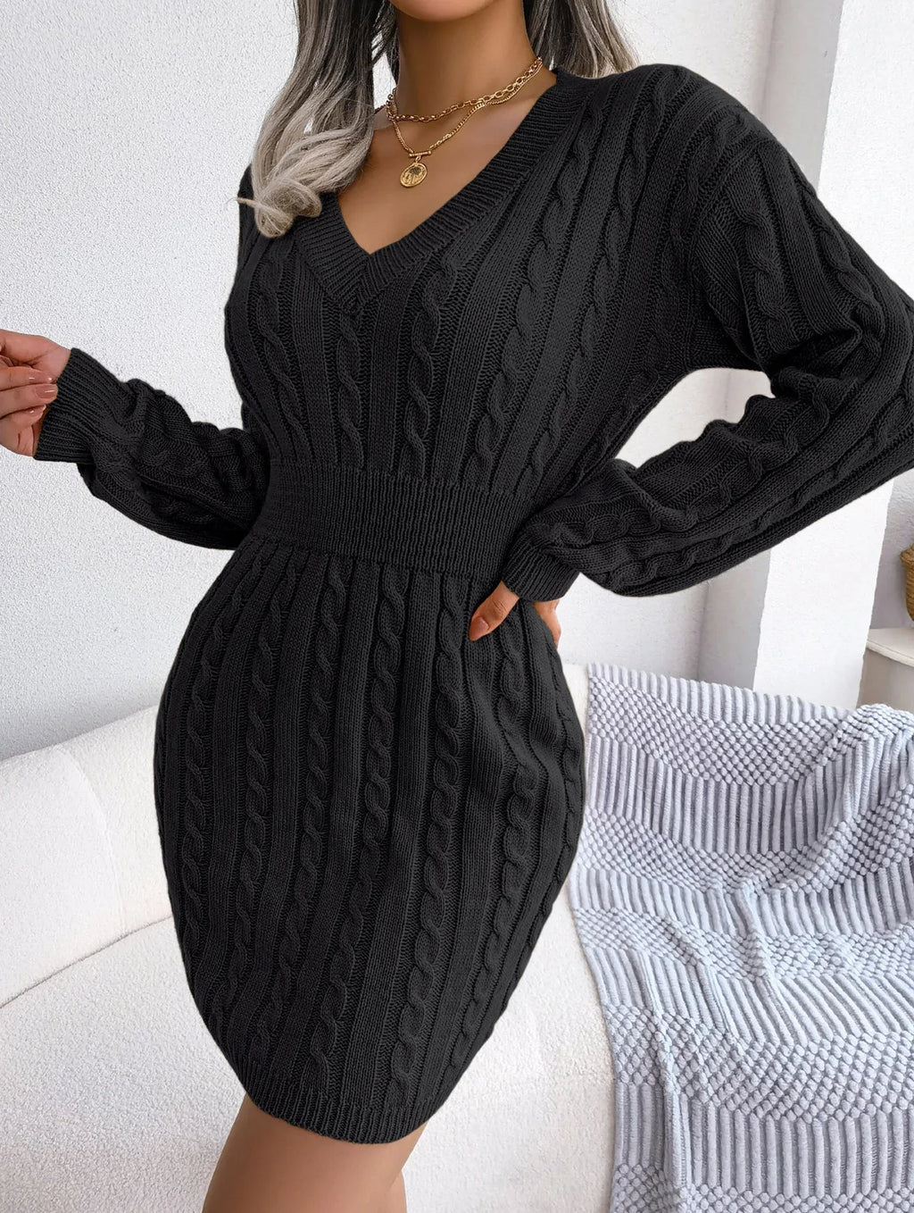 Elegant Sky Blue Cable Knit Sweater Dress - WEUXS