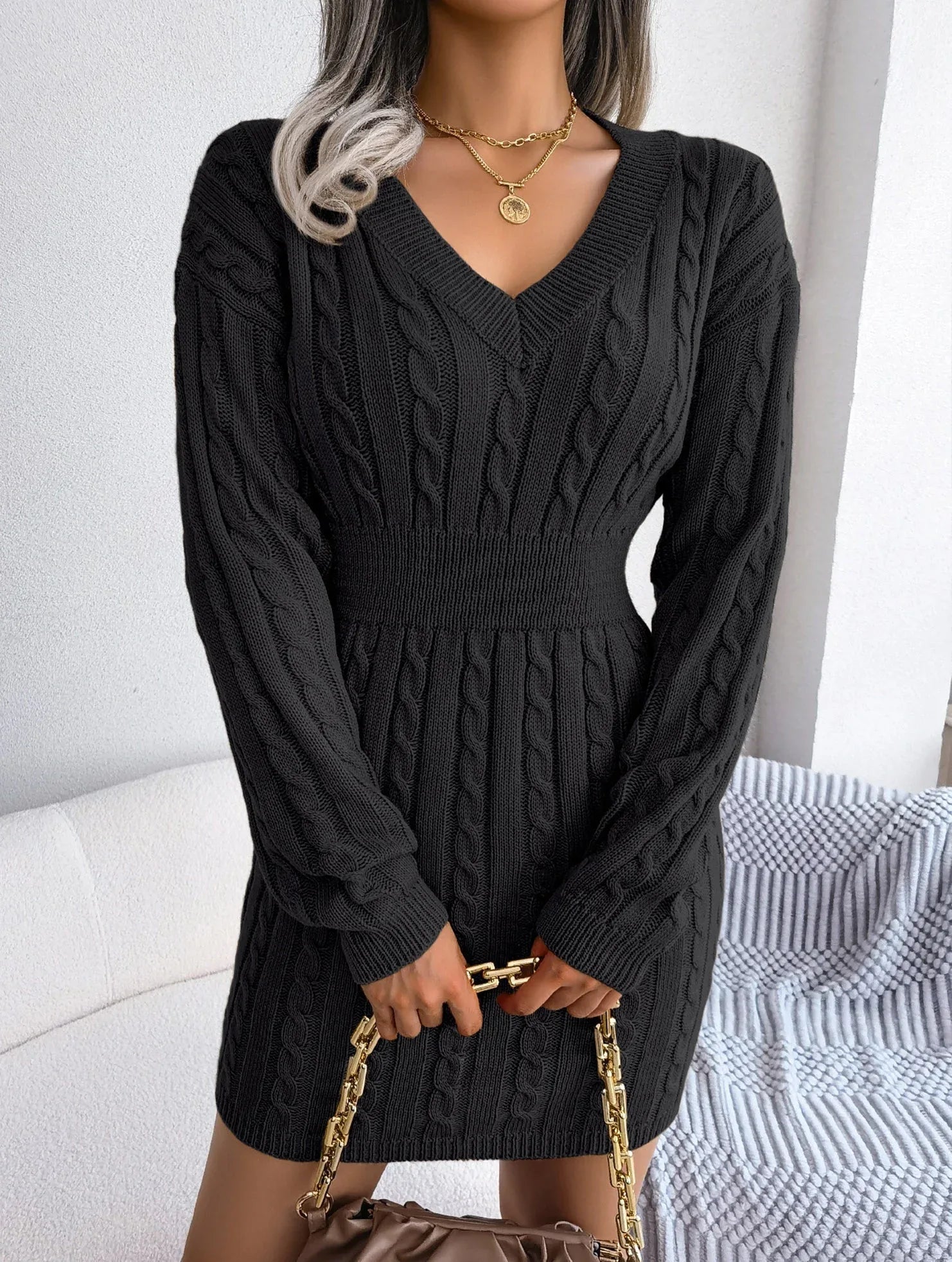 Blue cable knit sweater dress - View 61 | WEUXS