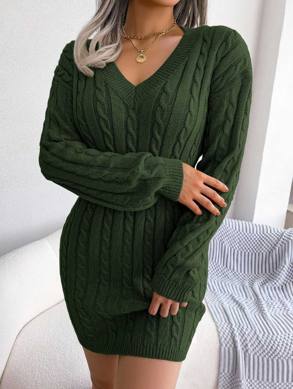 Blue cable knit sweater dress - View 18 | WEUXS