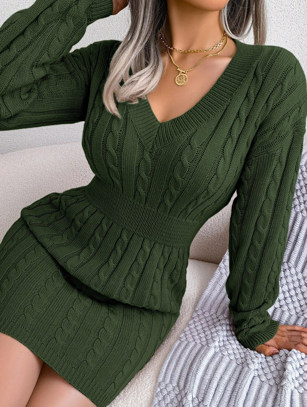 Blue cable knit sweater dress - View 20 | WEUXS