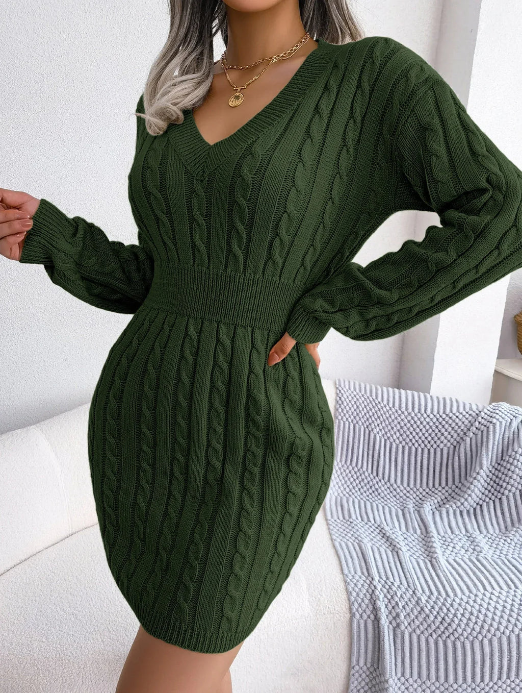 Blue cable knit sweater dress - View 21 | WEUXS