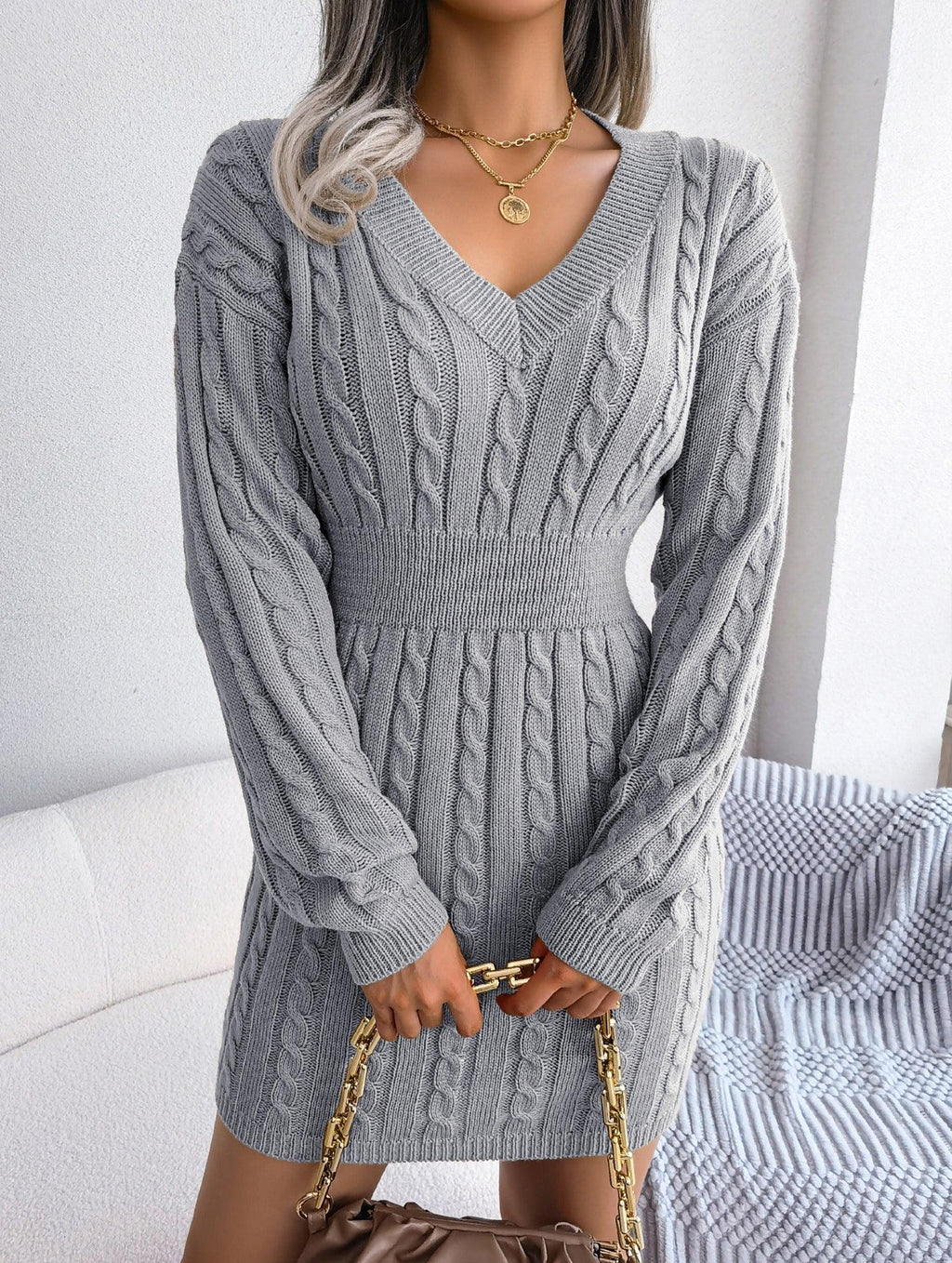 Blue cable knit sweater dress - View 27 | WEUXS