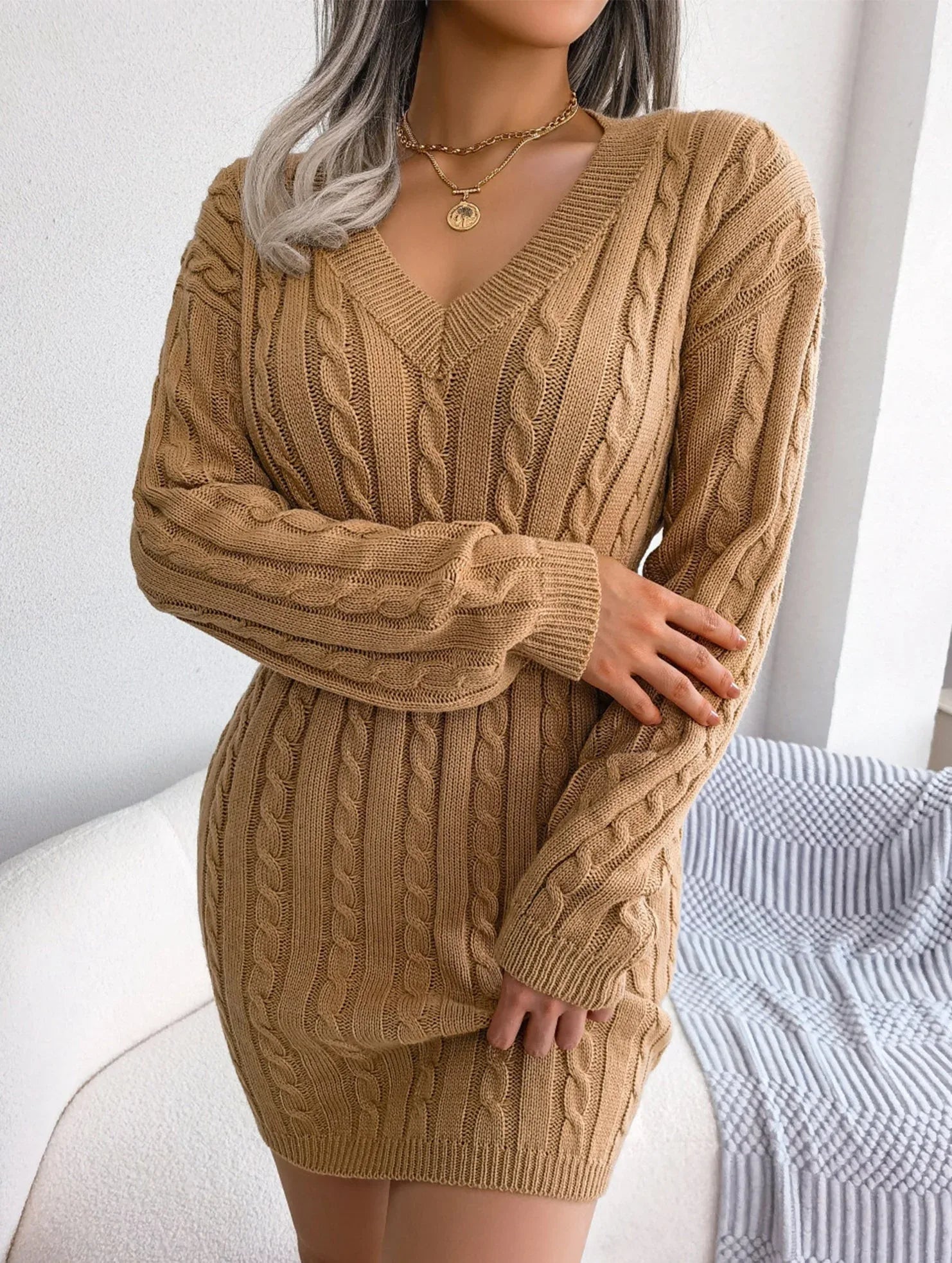 Blue cable knit sweater dress - View 35 | WEUXS