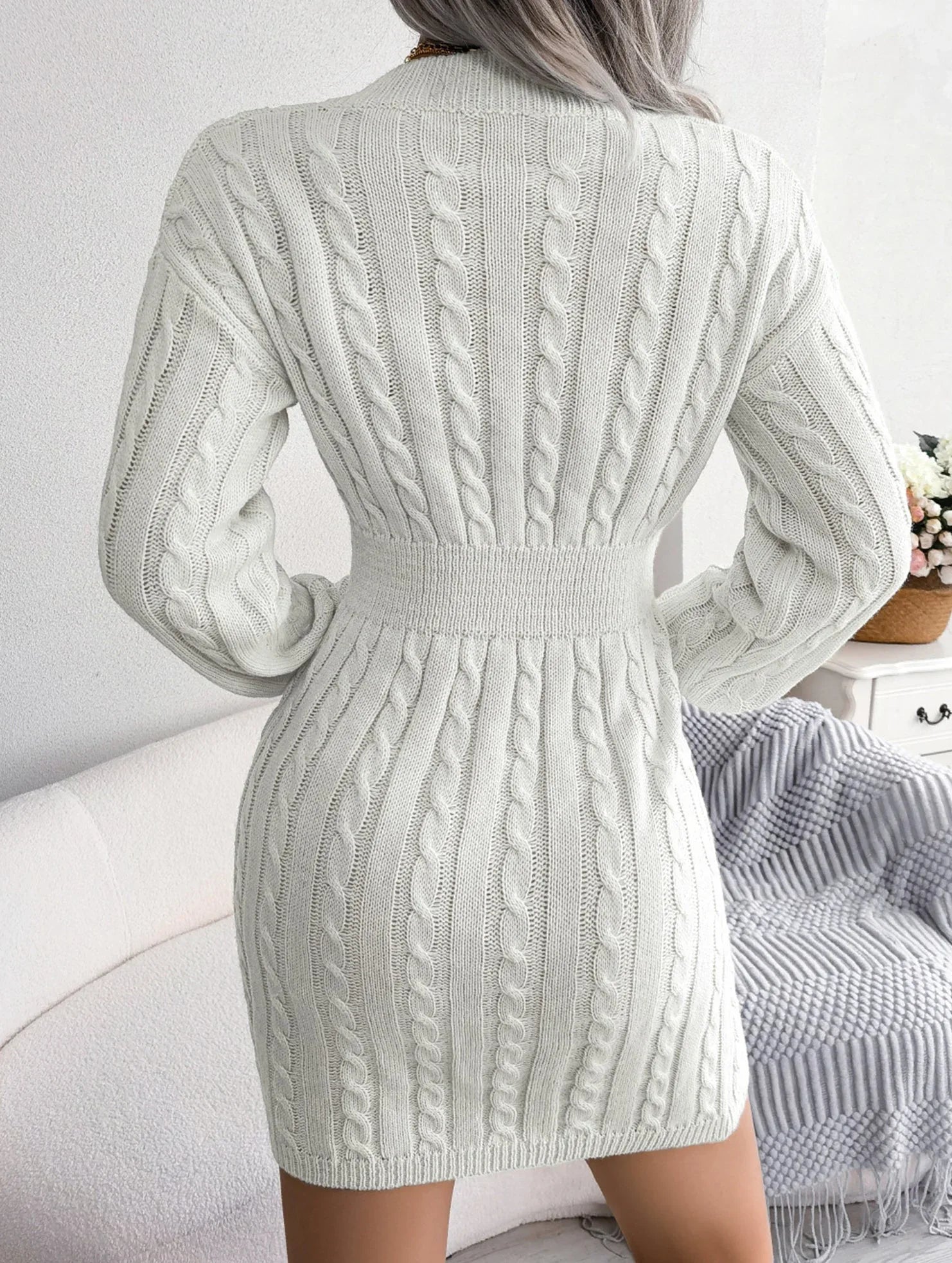 Elegant Sky Blue Cable Knit Sweater Dress - WEUXS