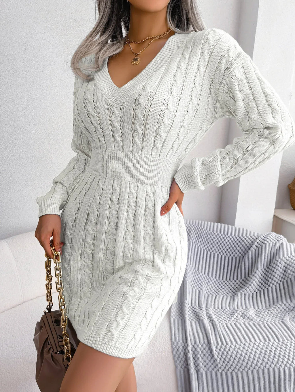 Blue cable knit sweater dress - View 48 | WEUXS