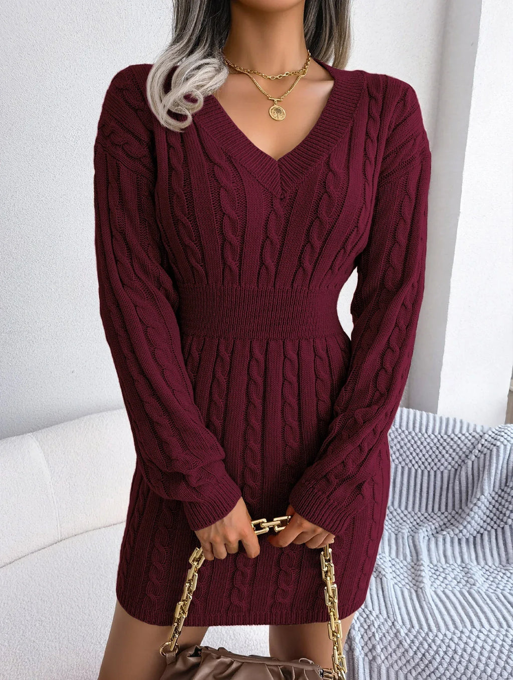 Elegant Sky Blue Cable Knit Sweater Dress - WEUXS