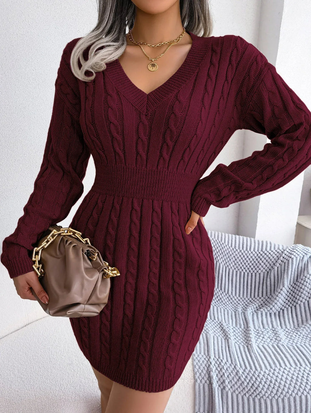 Elegant Sky Blue Cable Knit Sweater Dress - WEUXS