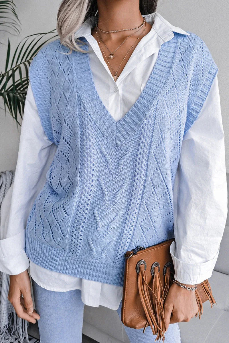 Women's beige cable knit sweater vest - View 6 | WEUXS