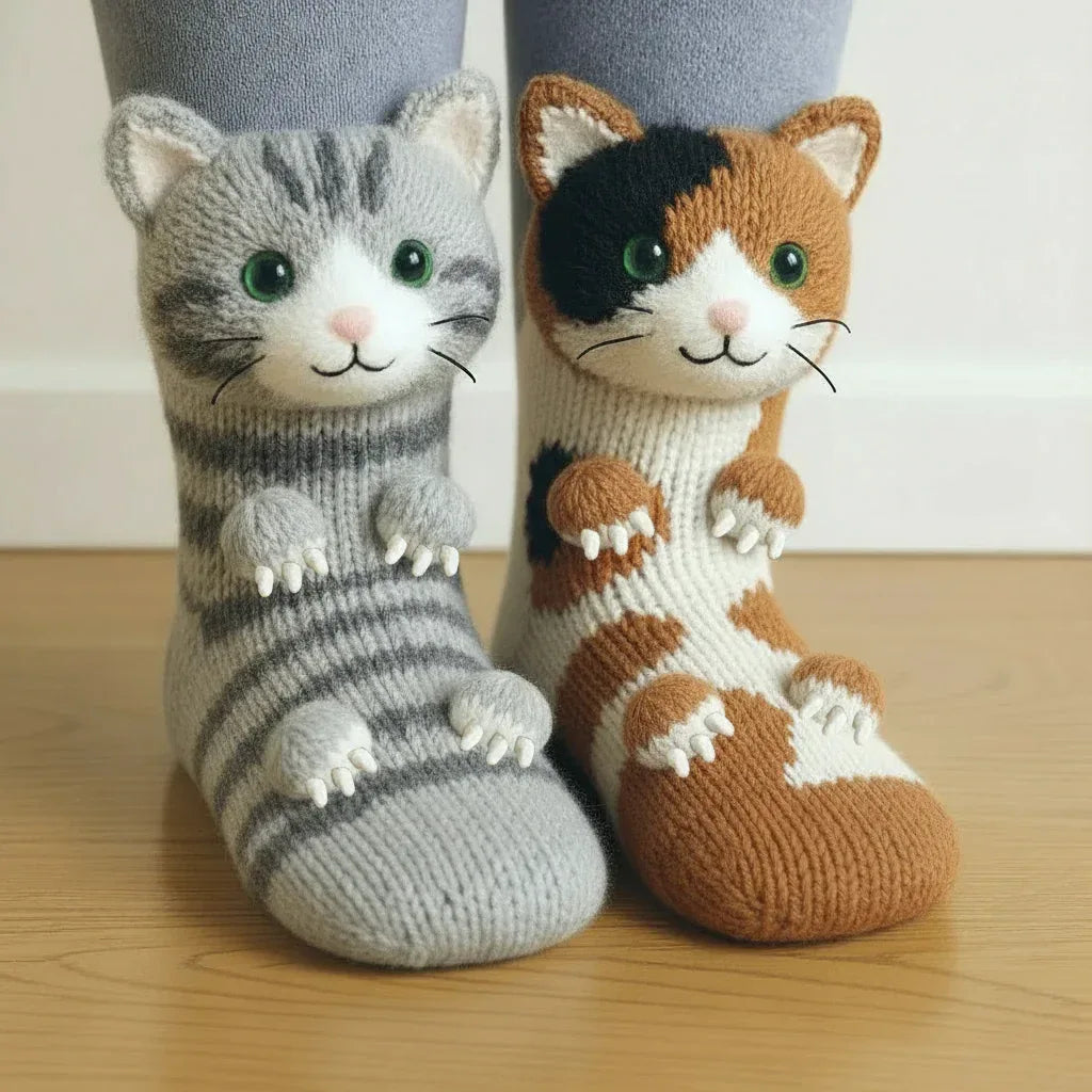 Two pairs of novelty socks designed to look like cats, one grey striped and one calico, worn on feet. Main image