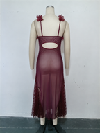 Elegant maxi slip dress with floral trim - View 7 | WEUXS