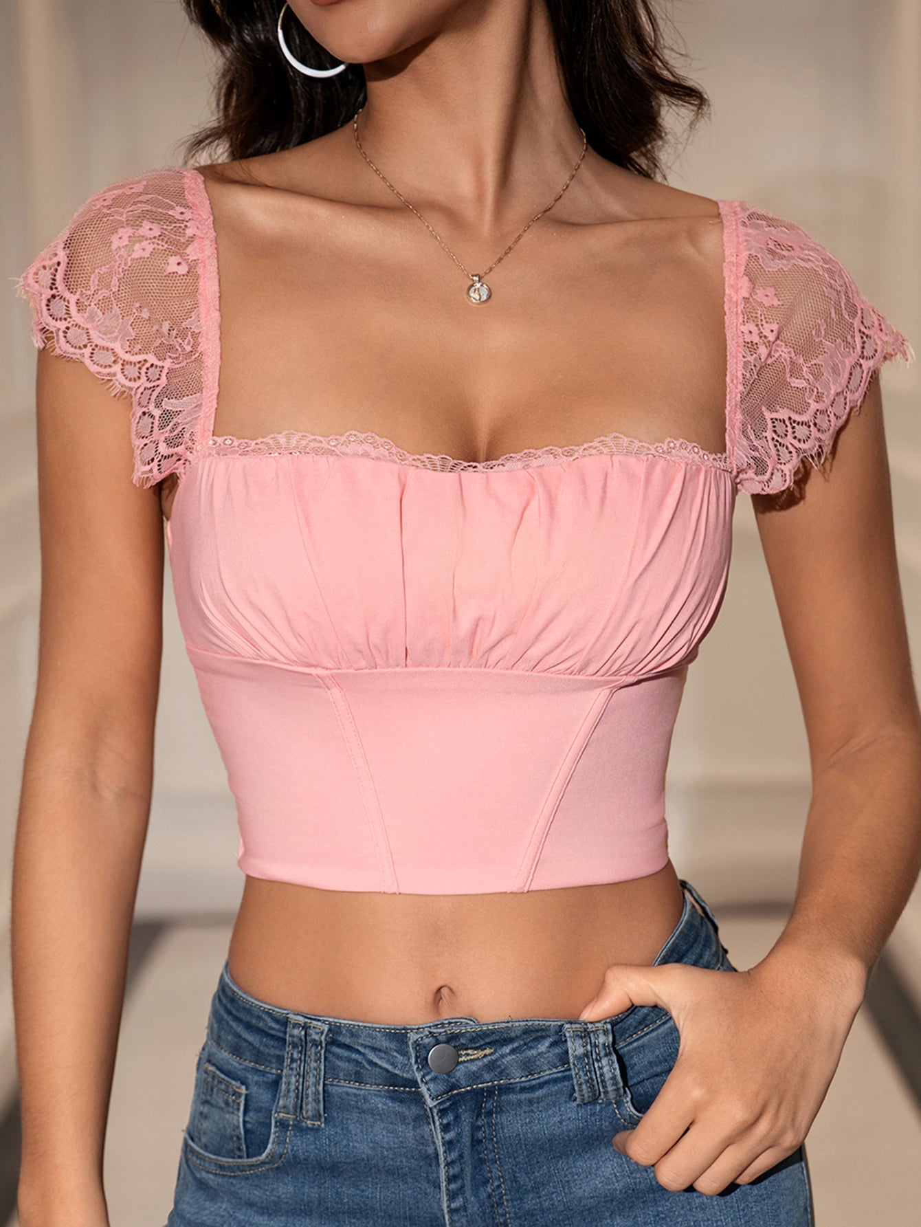 Square Neck Lace Trim Crop Top - View 6 | WEUXS