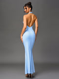 Back view of a woman in a light blue backless mermaid gown.