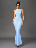 Woman wearing a light blue floor-length mermaid gown with a halter neckline.