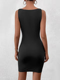 ruched crew neck bodycon solid dress#color_black