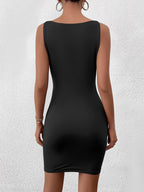 ruched crew neck bodycon solid dress#color_black