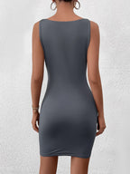 ruched crew neck bodycon solid dress#color_darkgrey
