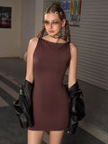 solid bodycon ruched crew neck dress#color_brown