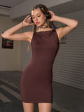 crew neck bodycon ruched solid dress#color_brown