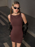 bodycon crew neck ruched solid dress#color_brown