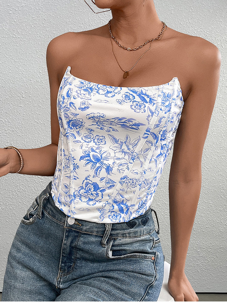 Floral print sweetheart neck tube top with crisscross back - View 6 | WEUXS