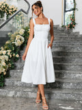 Button front tie back solid maxi dress with sweetheart neckline and flared hem - View 6 | WEUXS