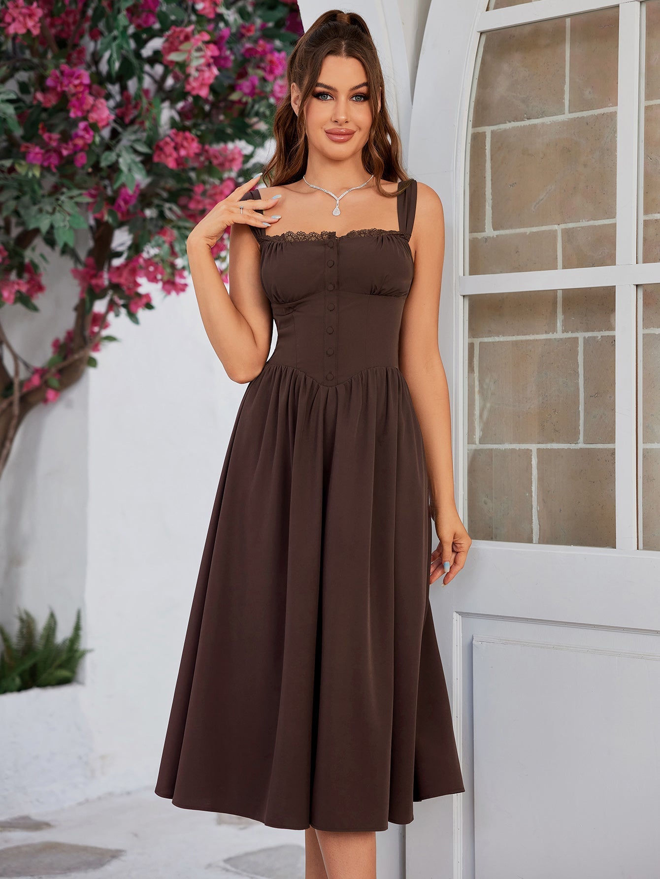 Button front tie back solid maxi dress with sweetheart neckline and flared hem - View 18 | WEUXS