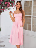 Button front tie back solid maxi dress with sweetheart neckline and flared hem - View 12 | WEUXS