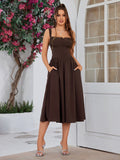 Button front tie back solid maxi dress with sweetheart neckline and flared hem - View 17 | WEUXS