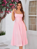 Button front tie back solid maxi dress with sweetheart neckline and flared hem - View 7 | WEUXS