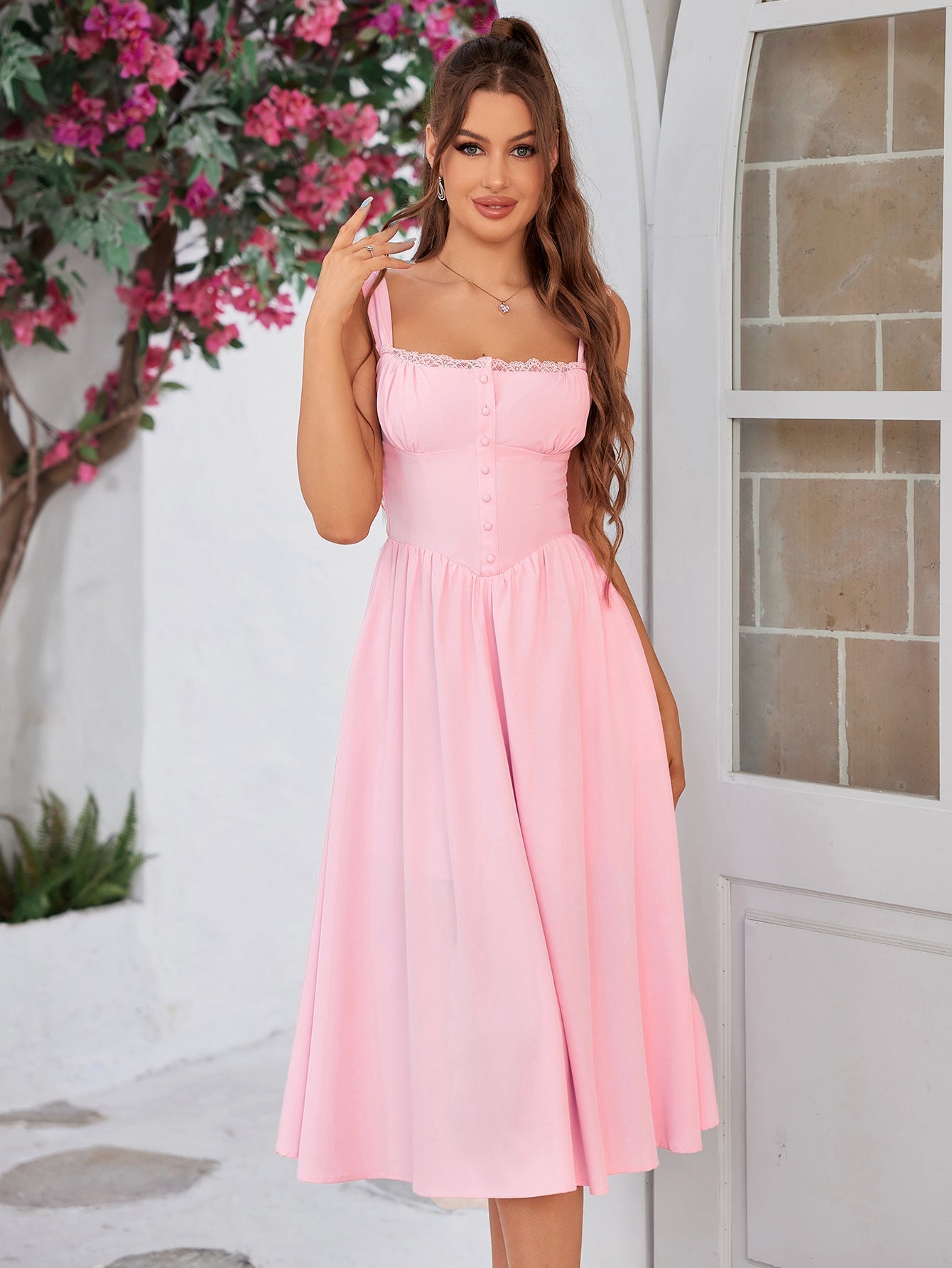 Button front tie back solid maxi dress with sweetheart neckline and flared hem - View 7 | WEUXS