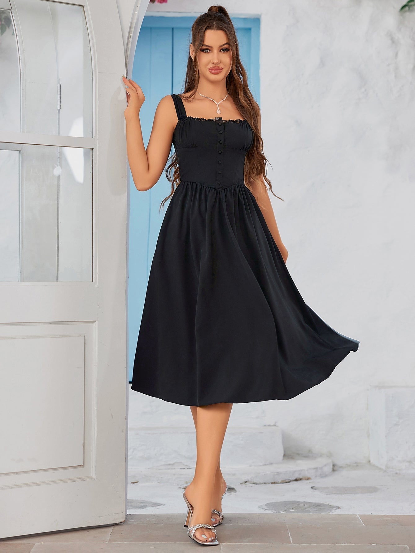 Button front tie back solid maxi dress with sweetheart neckline and flared hem - View 22 | WEUXS