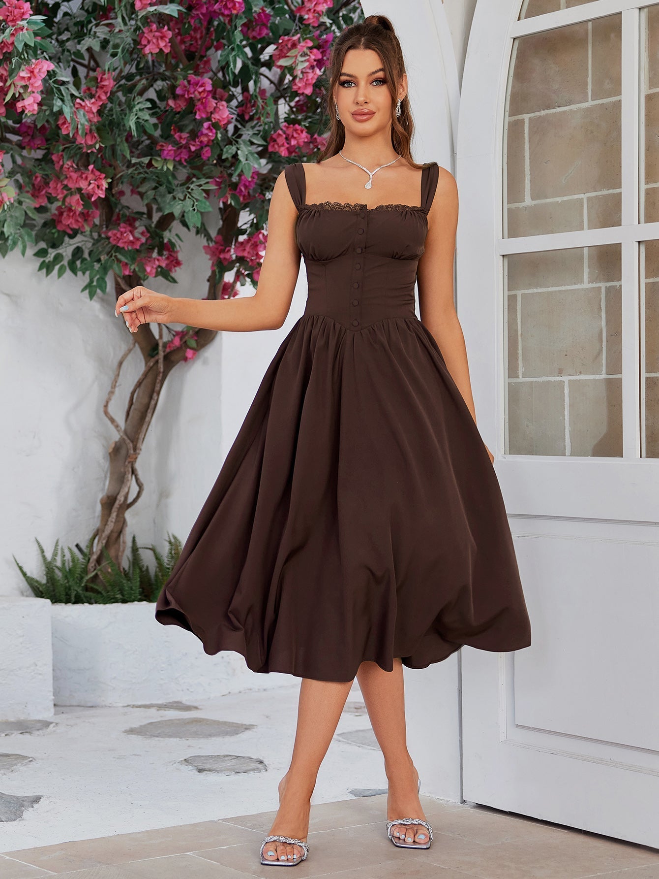 Button front tie back solid maxi dress with sweetheart neckline and flared hem - View 16 | WEUXS