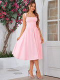Button front tie back solid maxi dress with sweetheart neckline and flared hem - View 9 | WEUXS