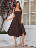 Button front tie back solid maxi dress with sweetheart neckline and flared hem - View 15 | WEUXS