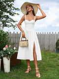 woman in white fit and flare dress with sweetheart neckline
