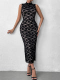 Elegant black lace maxi dress with mock neck and open back detail - View 6 | WEUXS