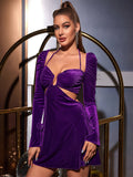 Close-up of the neckline and cut-out detail on a purple velvet dress.
