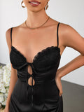 Black satin cami dress with lace bust detailing - View 6 | WEUXS