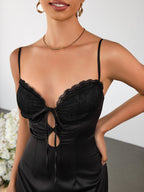 Black satin cami dress with lace bust detailing - View 6 | WEUXS
