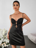Black satin cami dress with lace bust and tie front