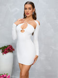 Side view of a white fitted mini dress with long sleeves and cut out details