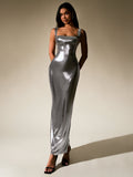 Elegant silver metallic maxi dress with a fitted silhouette and square neckline.