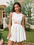 Woman wearing a white sleeveless mini dress with a cut-out waist and bow tie back